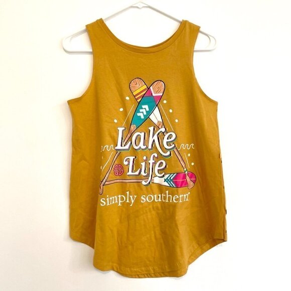 NEW NWT SIMPLY SOUTHERN Lake Life Tank Mustard Yellow Graphic Preppy Cotton sz S - Picture 2 of 11